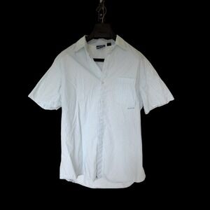 Y2K Kirra XL Short Sleeve Button Down Shirt White Blue Striped 90's Surf